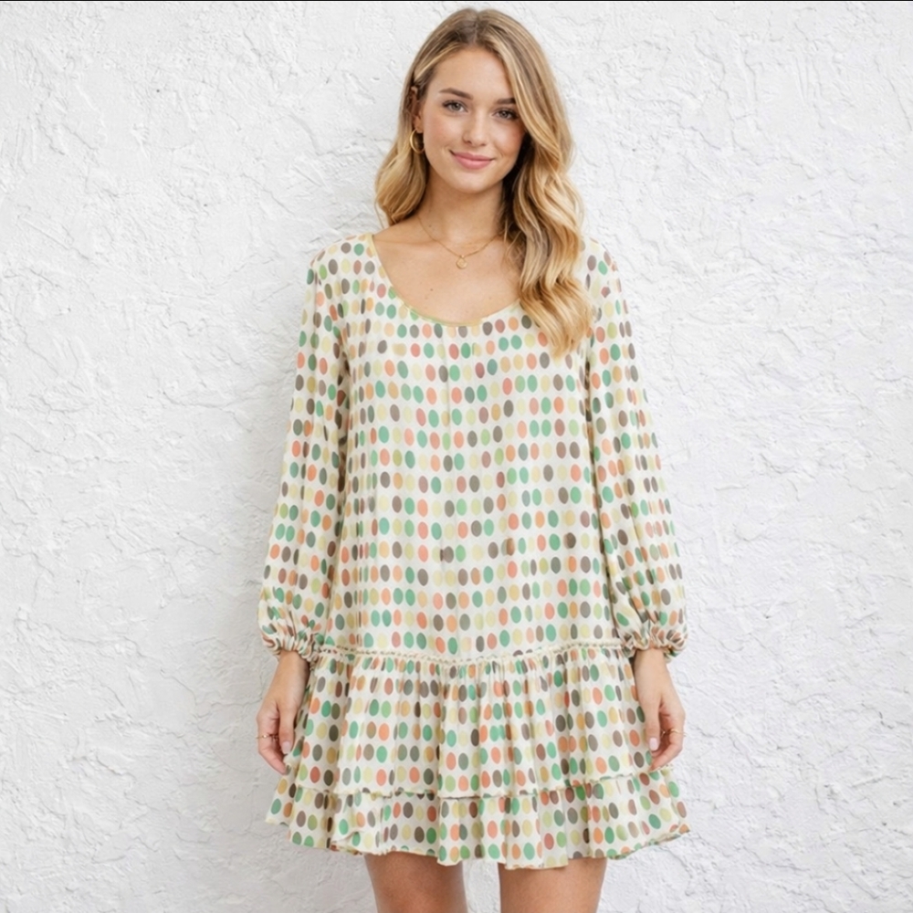 5x25 Skemo dotted mini fringe long sleeve open back ruffle dress size medium